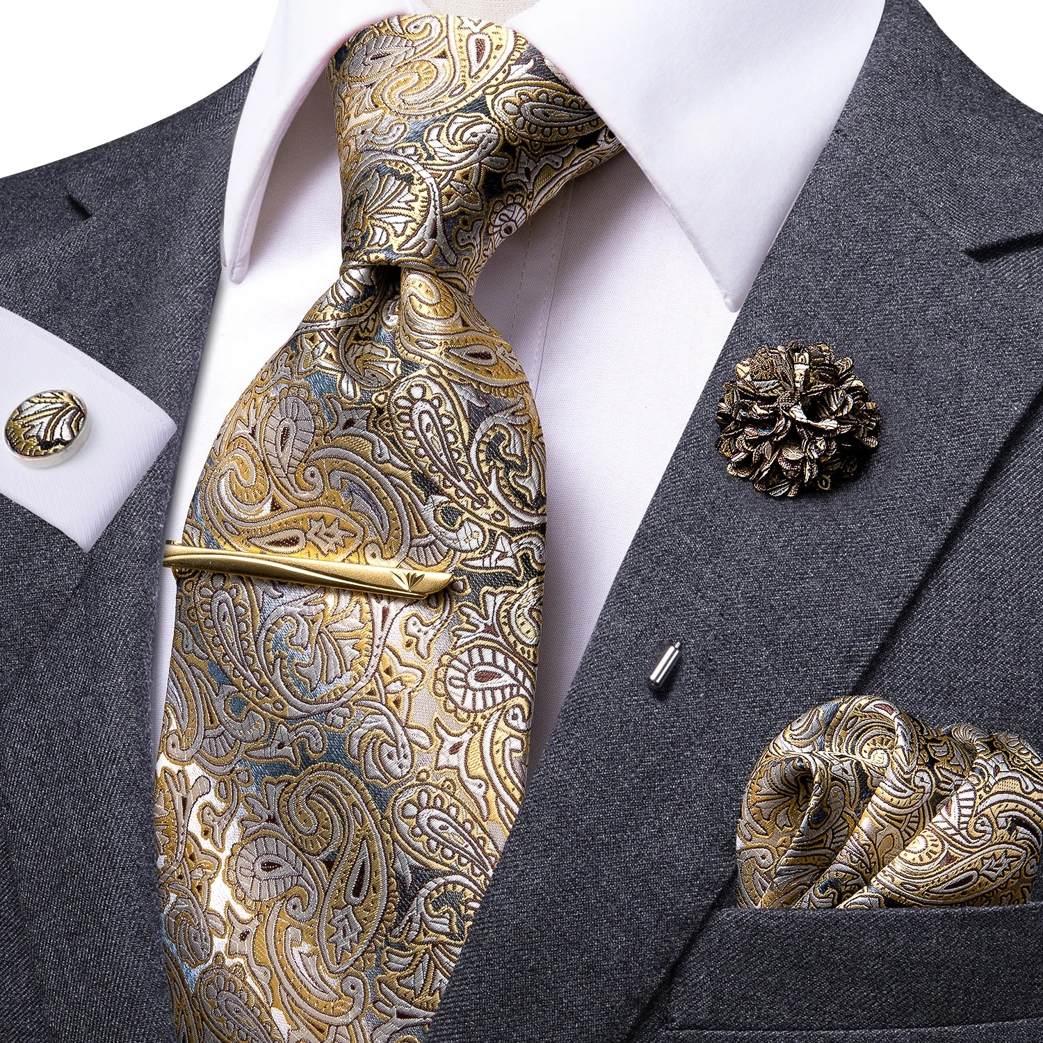 Gravata amarela marrom Paisley para homens, clipe de seda masculino, gravata de luxo, conjunto de abotoaduras, presente de casamento formal