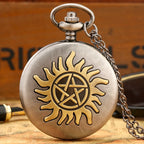 Relógio de bolso de quartzo retrô para homens e mulheres, estrela de cinco pontas, sol, flor, colar pingente, suéter corrente, presentes FOB