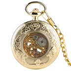Ouro de luxo relógio de bolso mecânico oco esqueleto mão enrolamento pingente de aço inoxidável relógio de corrente de jóias para homens