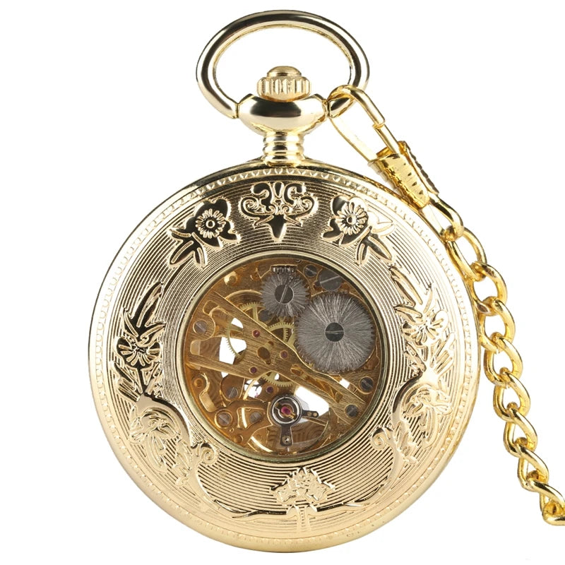 Ouro de luxo relógio de bolso mecânico oco esqueleto mão enrolamento pingente de aço inoxidável relógio de corrente de jóias para homens
