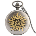 Relógio de bolso de quartzo retrô para homens e mulheres, estrela de cinco pontas, sol, flor, colar pingente, suéter corrente, presentes FOB