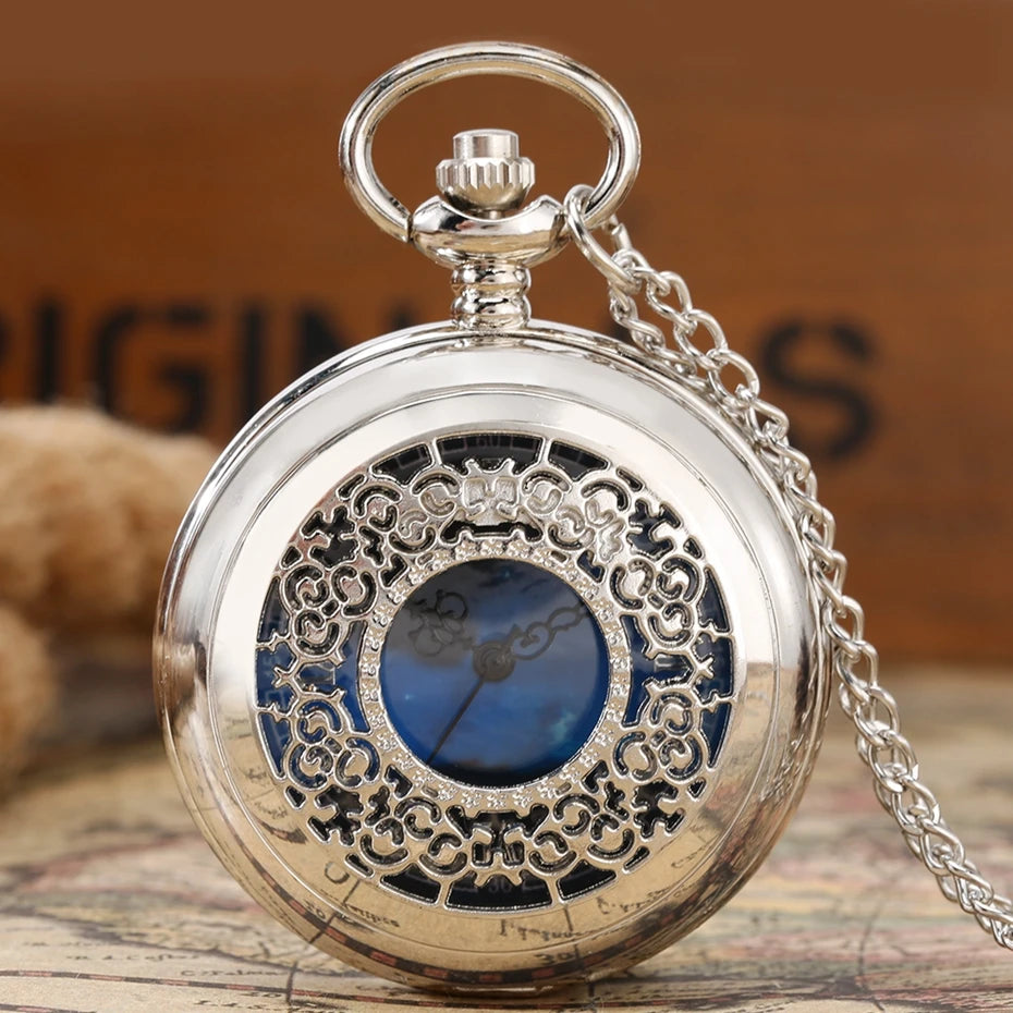 Exquise estrelado azul dial pingente bronze oco caso relógio de bolso de quartzo numerais romanos retro relógios lembrança presente para homens