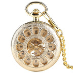 Ouro de luxo relógio de bolso mecânico oco esqueleto mão enrolamento pingente de aço inoxidável relógio de corrente de jóias para homens