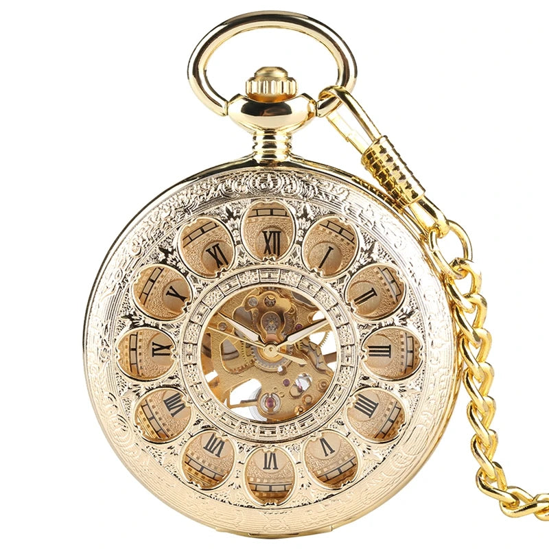 Ouro de luxo relógio de bolso mecânico oco esqueleto mão enrolamento pingente de aço inoxidável relógio de corrente de jóias para homens
