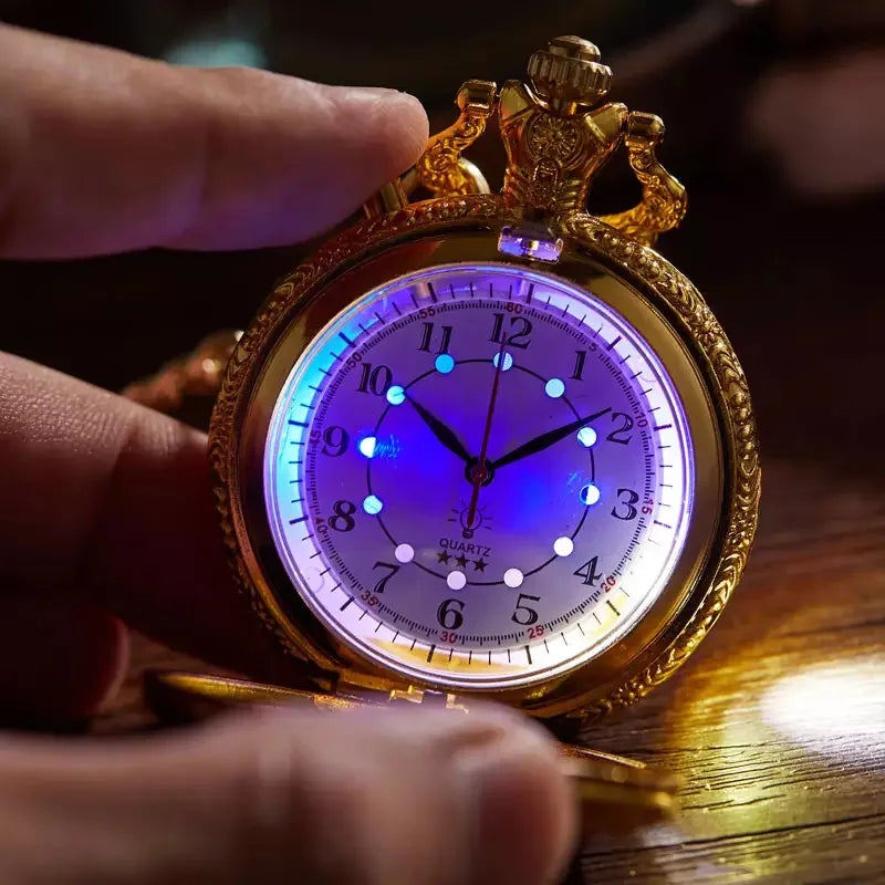Top luxo ouro luminoso led relógio de bolso quartzo trem locomotiva motor steampunk quartzo fob luz relógio presentes para homens