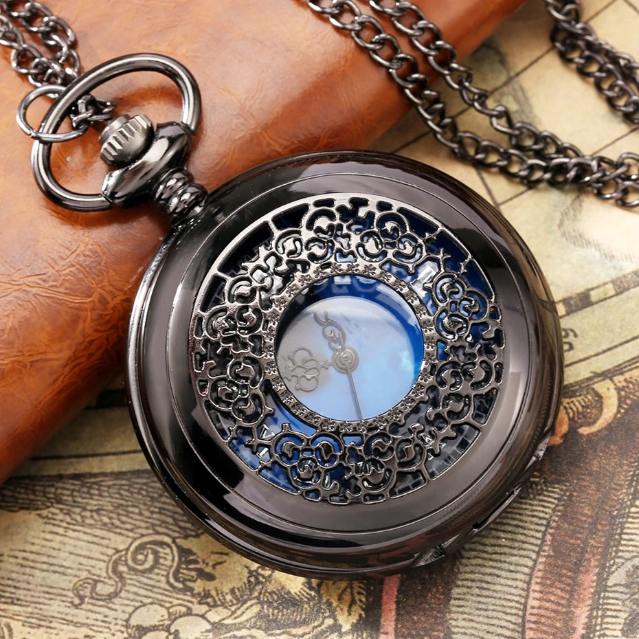 Exquise estrelado azul dial pingente bronze oco caso relógio de bolso de quartzo numerais romanos retro relógios lembrança presente para homens