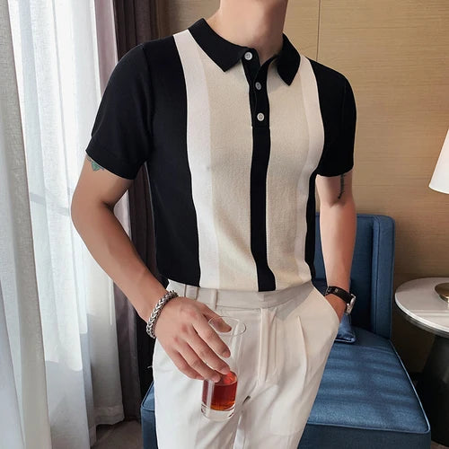 Estilo britânico verão moda cor combinando manga curta camisa polo dos homens de alta qualidade malha magro ajuste lapela botão t camisa superior