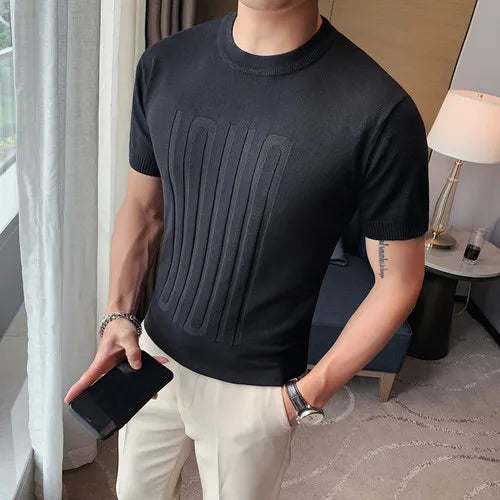 Camiseta de malha de manga curta masculina, listra com decote em O, camiseta justa, monocromática de alta qualidade, roupas masculinas, estilo britânico, moda verão, 6 cores