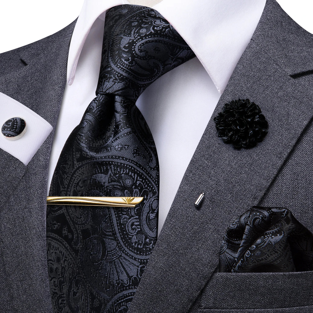 Gravata amarela marrom Paisley para homens, clipe de seda masculino, gravata de luxo, conjunto de abotoaduras, presente de casamento formal