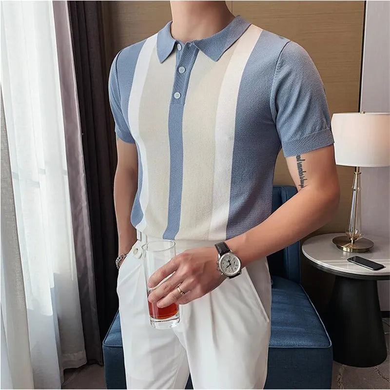 Estilo britânico verão moda cor combinando manga curta camisa polo dos homens de alta qualidade malha magro ajuste lapela botão t camisa superior