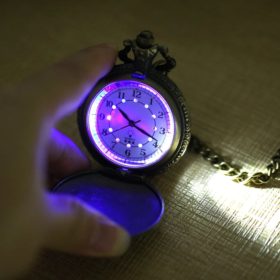 Top luxo ouro luminoso led relógio de bolso quartzo trem locomotiva motor steampunk quartzo fob luz relógio presentes para homens