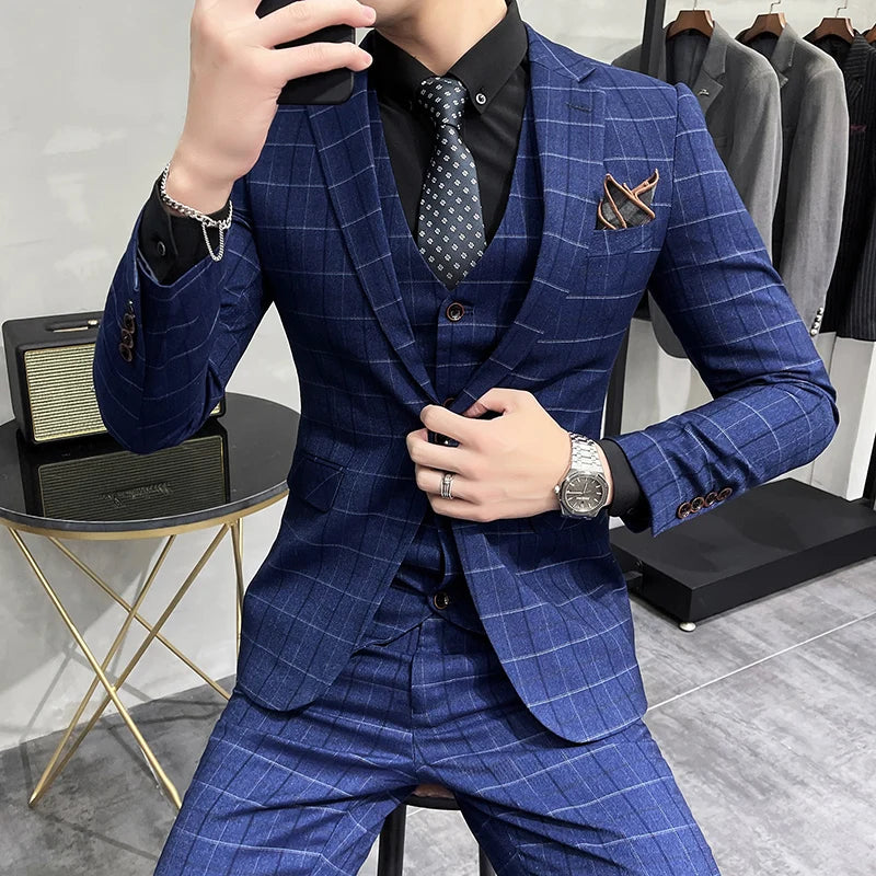 (Jaquetas + calças + colete) luxo masculino noivo casamento smoking moda xadrez ternos de negócios de alta qualidade casual terno de negócios três peças