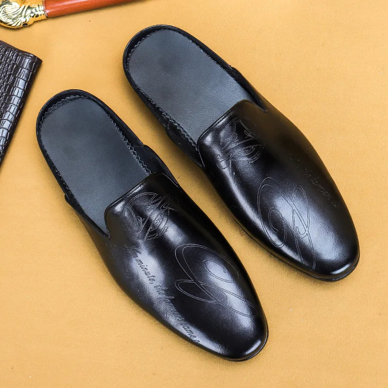 Chinelos masculinos de luxo italiano mocassins de couro genuíno mocassins casuais antiderrapantes sapatos masculinos moda verão metade sapatos para homem