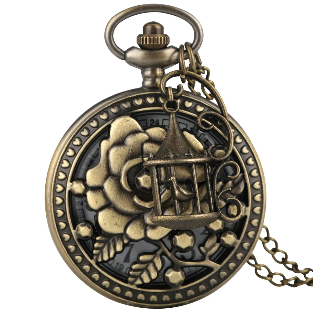 Dois pequenos pássaros estilo retro relógio de bolso de quartzo corrente steampunk colar pingente fob relógio animal com gaiola acessório