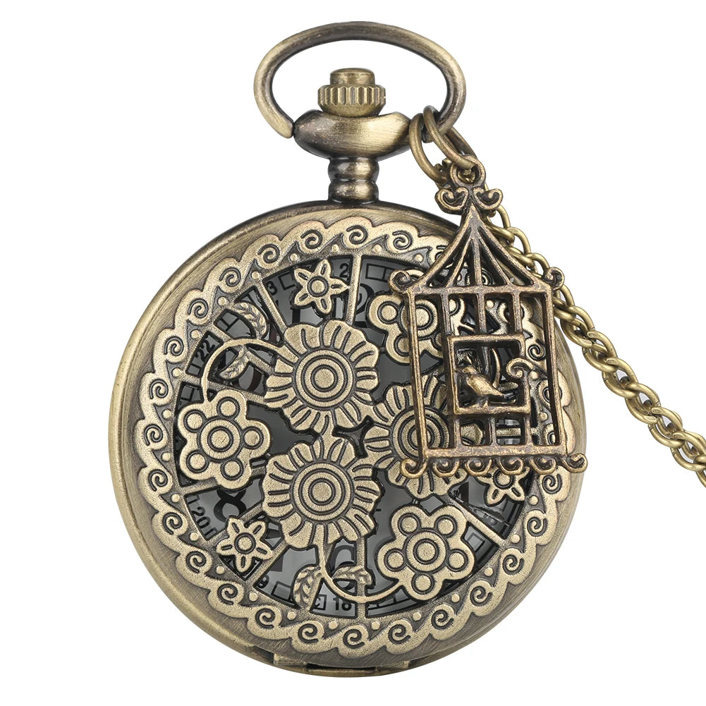 Dois pequenos pássaros estilo retro relógio de bolso de quartzo corrente steampunk colar pingente fob relógio animal com gaiola acessório