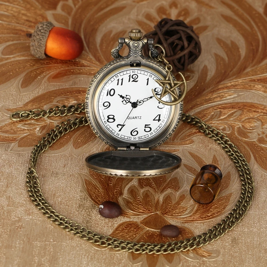 Retro bronze turquia bandeira design lua estrela círculo quartzo antigo relógio de bolso punk colar pingente para homem feminino com acessório