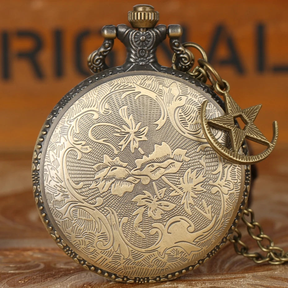 Retro bronze turquia bandeira design lua estrela círculo quartzo antigo relógio de bolso punk colar pingente para homem feminino com acessório