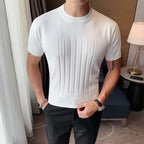 Camiseta de malha de manga curta masculina, listra com decote em O, camiseta justa, monocromática de alta qualidade, roupas masculinas, estilo britânico, moda verão, 6 cores