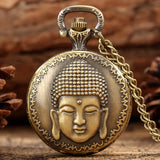 Relógio de bolso de quartzo com cabeça de Buda, aroma tibetano, templo budista, corrente religiosa, colar vintage, presente para homens e mulheres