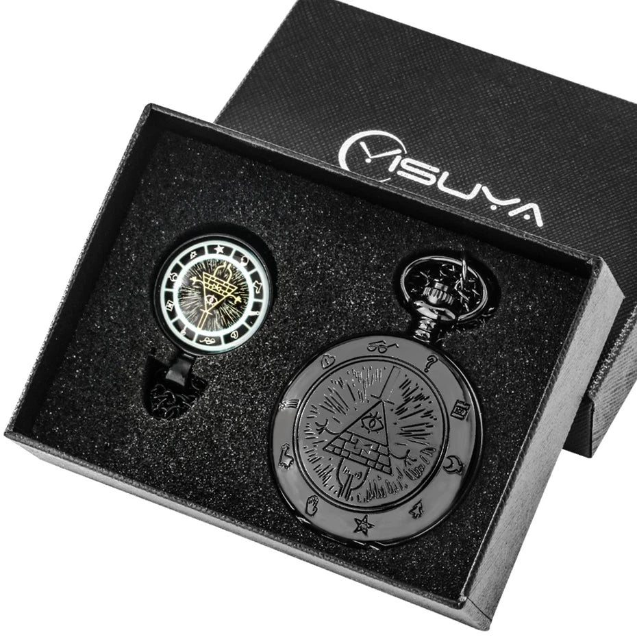 Vintage antigo quartzo gravidade bill cipher queda tempo gem relógio de bolso com caixa de presente conjunto colar pingente jóias para homens