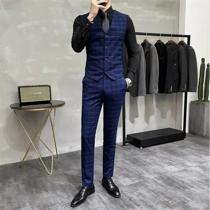 (Jaquetas + calças + colete) luxo masculino noivo casamento smoking moda xadrez ternos de negócios de alta qualidade casual terno de negócios três peças