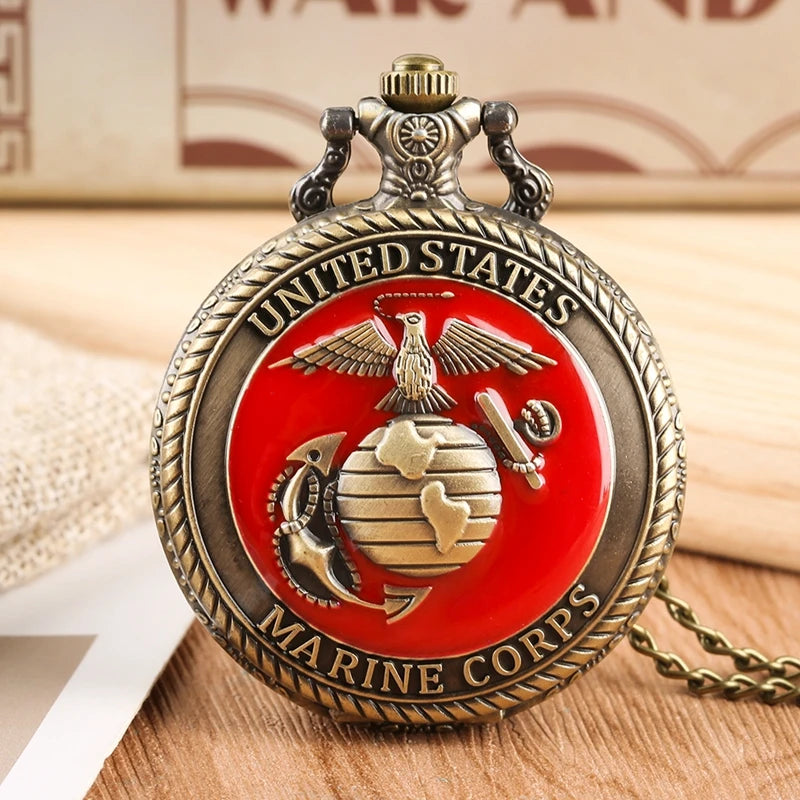 Vintage tema corpo de fuzileiros navais dos estados unidos relógio de bolso de quartzo moda lembrança vermelha pingente colar corrente relógio militar melhores presentes