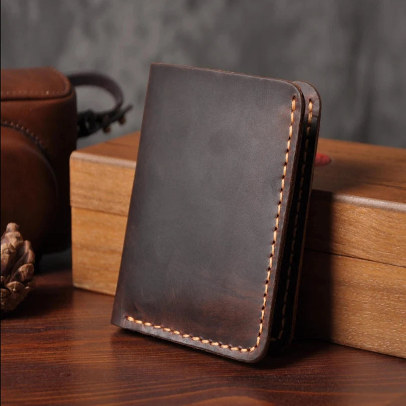 Feito à mão do vintage cavalo louco couro genuíno dos homens carteira bolsa de couro curto cartão carteira para masculino clipes de dinheiro saco de dinheiro