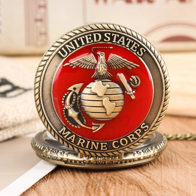Vintage tema corpo de fuzileiros navais dos estados unidos relógio de bolso de quartzo moda lembrança vermelha pingente colar corrente relógio militar melhores presentes
