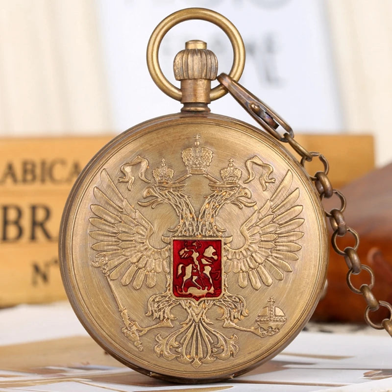 Brasão de armas de águia de duas cabeças emblema nacional russo emblema cobre puro turbilhão relógio de bolso mecânico arte colecionável