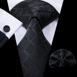 Hi-Tie-Gravatas de seda xadrez de luxo masculinas, conjunto de abotoaduras, design preto, presente de casamento, corrente de gravata moda