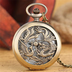 Relógio de bolso Dragon Phoenix masculino, caixa bronze oca, colar pingente, breve número árabe, relógio mostrador redondo, moda casual
