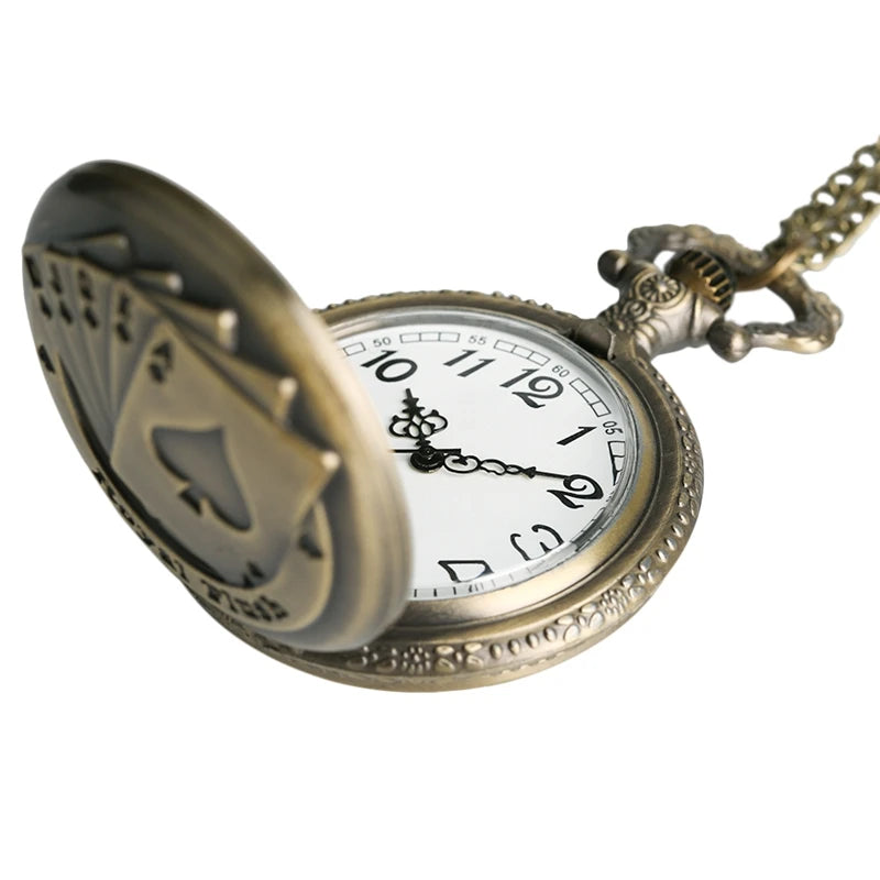 Estilo vintage Bronze Pingente Flush Poker Cartões Padrão Colar Relógio Cadeia Elegante 3D Poker Face Clock Quartz FOB Pocket Watch