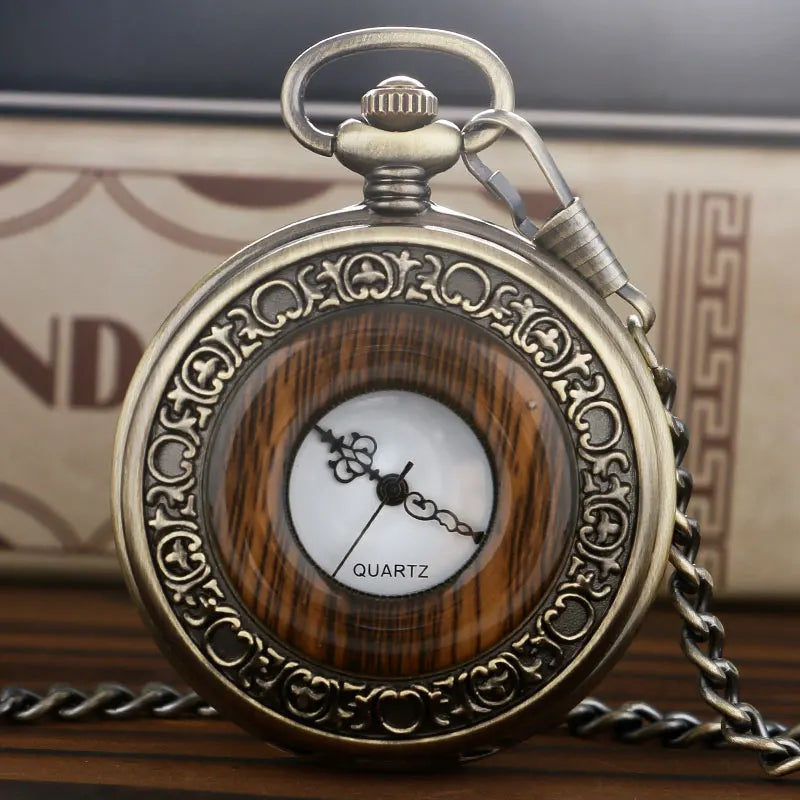 Madeira do vintage caso redondo relógio de bolso de luxo quartzo analógico metade caçador para homens feminino fob relógio de madeira com corrente presente superior ulzzang