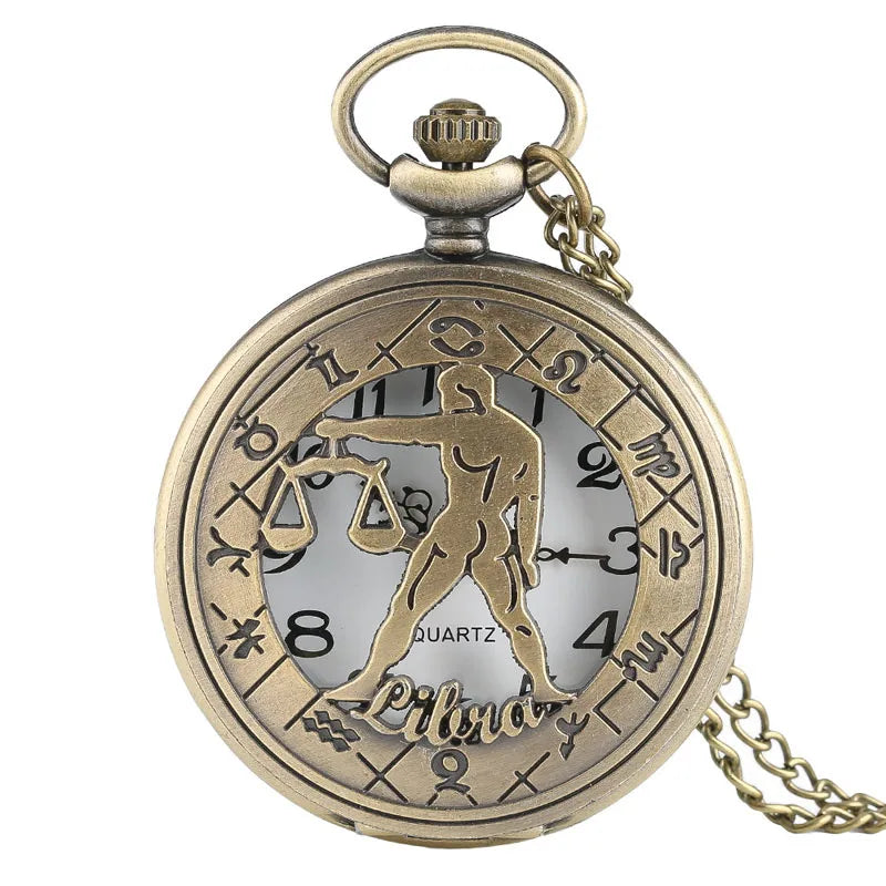12 constellation astrologia zodíaco retro bolso relógio bronze colar pingente das mulheres dos homens oco flip cover quartzo presentes de natal