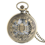12 constellation astrologia zodíaco retro bolso relógio bronze colar pingente das mulheres dos homens oco flip cover quartzo presentes de natal