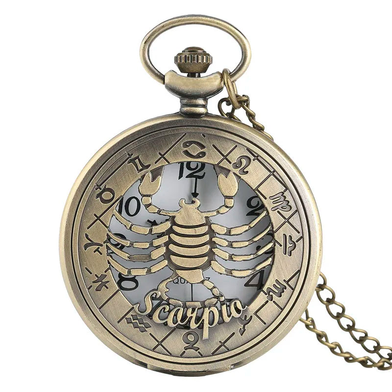 12 constellation astrologia zodíaco retro bolso relógio bronze colar pingente das mulheres dos homens oco flip cover quartzo presentes de natal