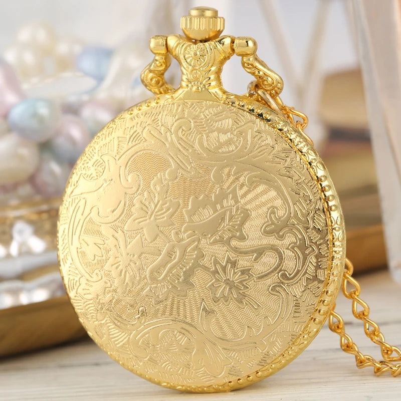 Relógio de bolso de quartzo com padrão de coroa, escudo de ouro real, colar de luxo, pingente, corrente, relógio steampunk, joias colecionáveis, presentes