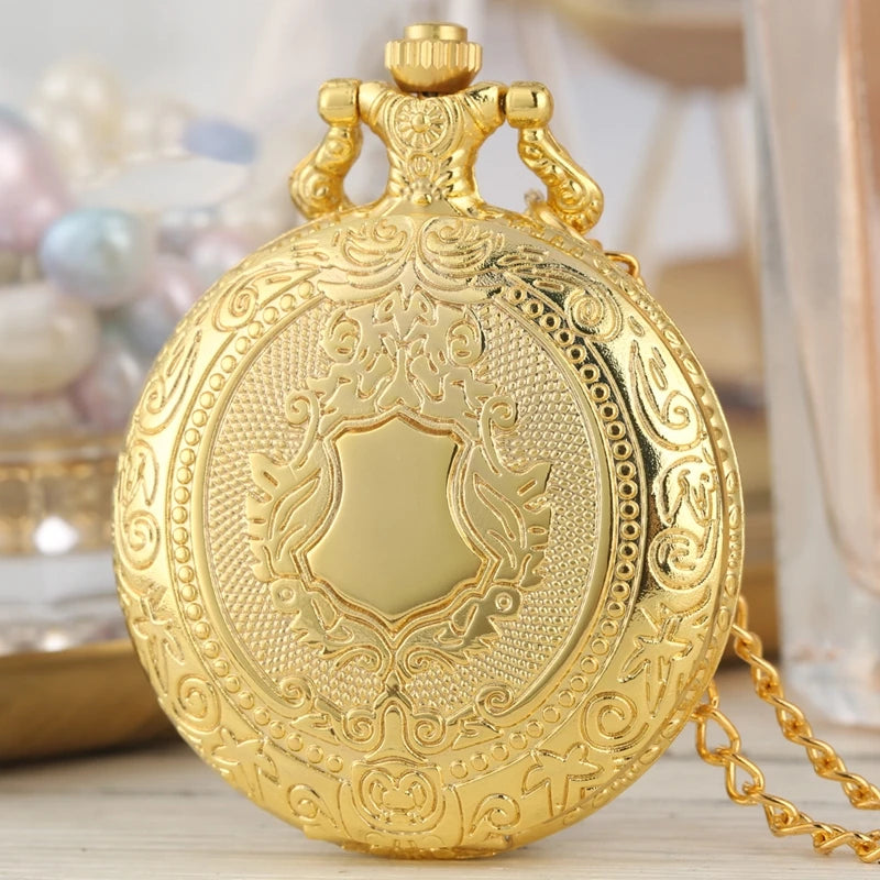 Relógio de bolso de quartzo com padrão de coroa, escudo de ouro real, colar de luxo, pingente, corrente, relógio steampunk, joias colecionáveis, presentes