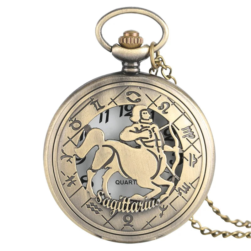 12 constellation astrologia zodíaco retro bolso relógio bronze colar pingente das mulheres dos homens oco flip cover quartzo presentes de natal