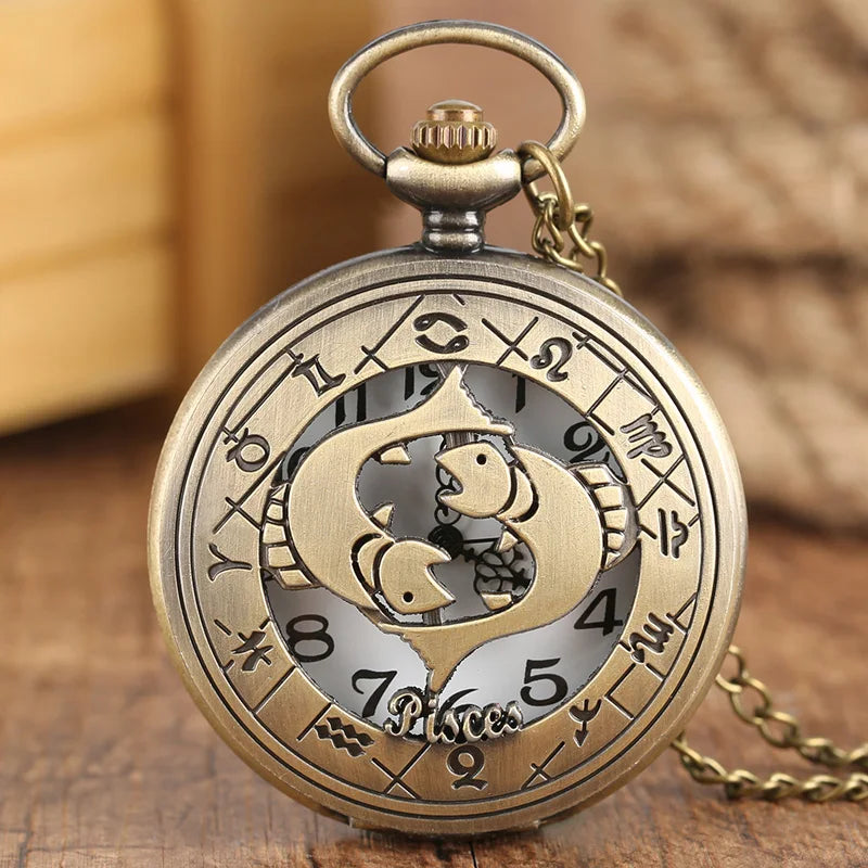 12 constellation astrologia zodíaco retro bolso relógio bronze colar pingente das mulheres dos homens oco flip cover quartzo presentes de natal