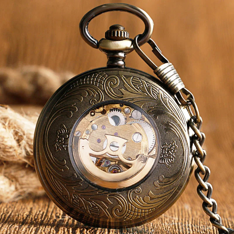 Auto vento relógio de bolso cobre moda bronze pingente suave retro esqueleto unisex automático mecânico elegante presente ação de graças