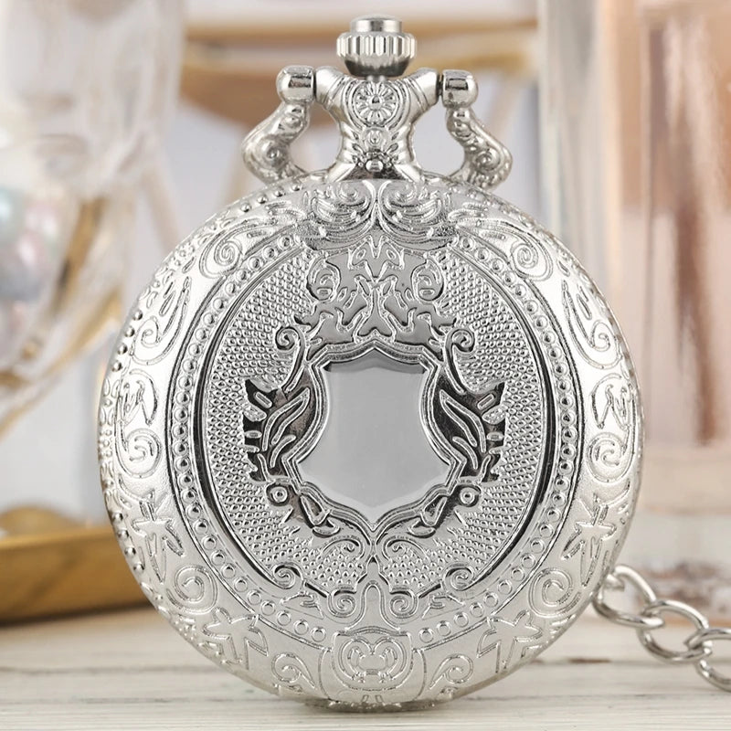 Luxo prata escudo coroa padrão relógio de bolso de quartzo moda colar pingente corrente jóias presente steampunk relógio para homem