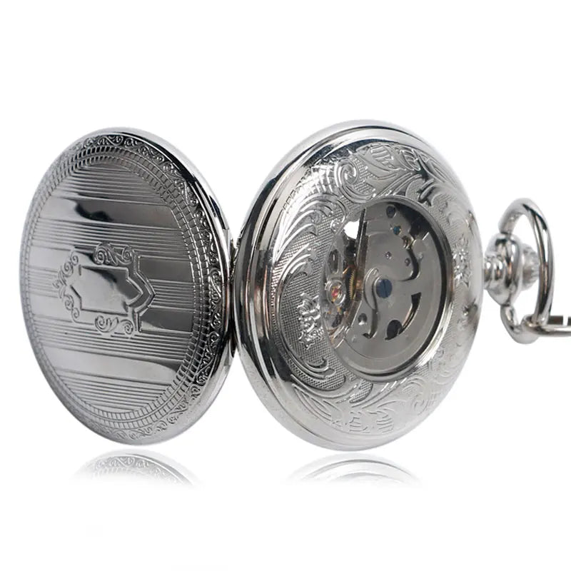 Vendas superiores prata steampunk esqueleto relógio de bolso mecânico automático com corrente erkek kol saati relógios masculino unisex presentes relógio