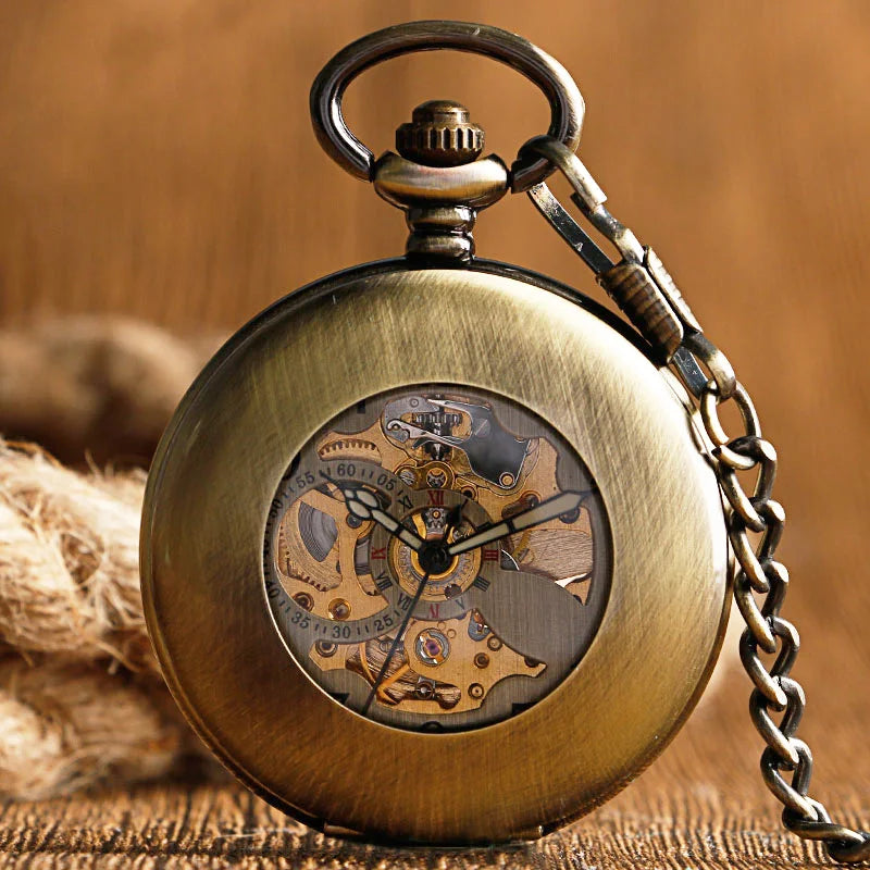 Auto vento relógio de bolso cobre moda bronze pingente suave retro esqueleto unisex automático mecânico elegante presente ação de graças