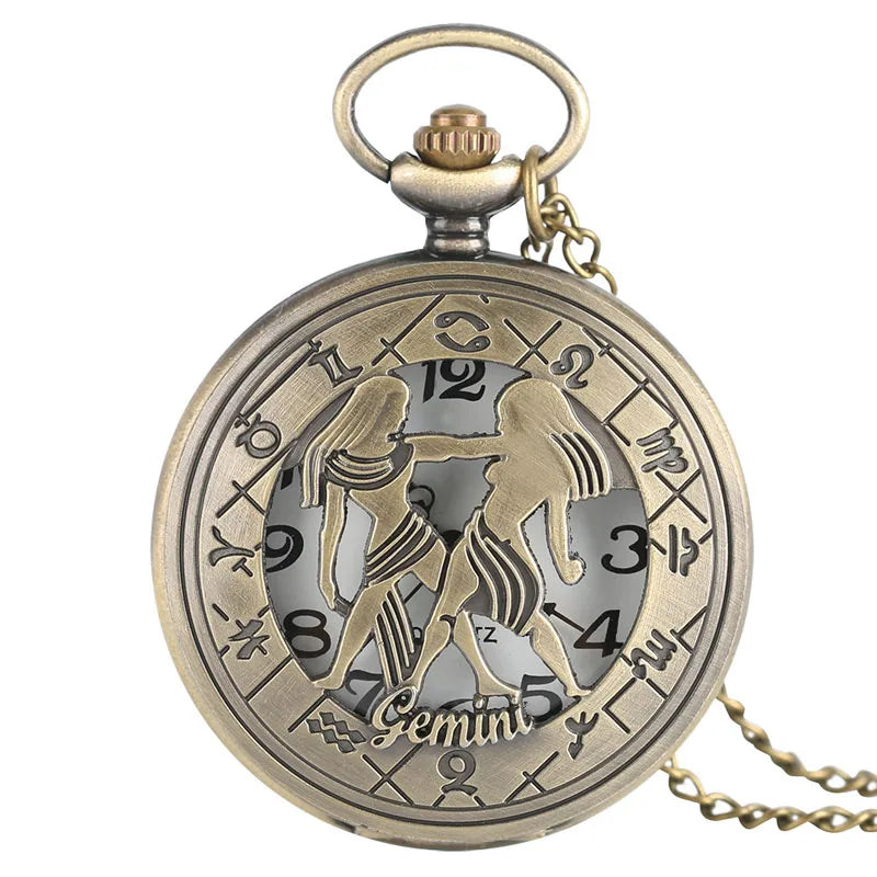12 constellation astrologia zodíaco retro bolso relógio bronze colar pingente das mulheres dos homens oco flip cover quartzo presentes de natal