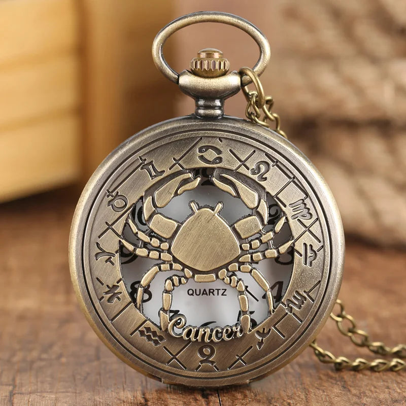 12 constellation astrologia zodíaco retro bolso relógio bronze colar pingente das mulheres dos homens oco flip cover quartzo presentes de natal