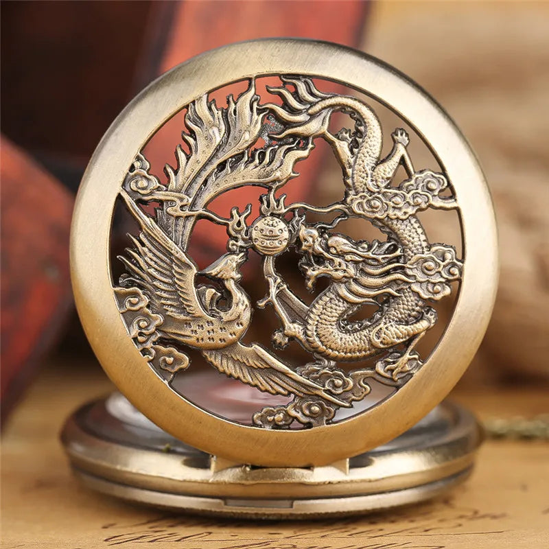 Relógio de bolso Dragon Phoenix masculino, caixa bronze oca, colar pingente, breve número árabe, relógio mostrador redondo, moda casual