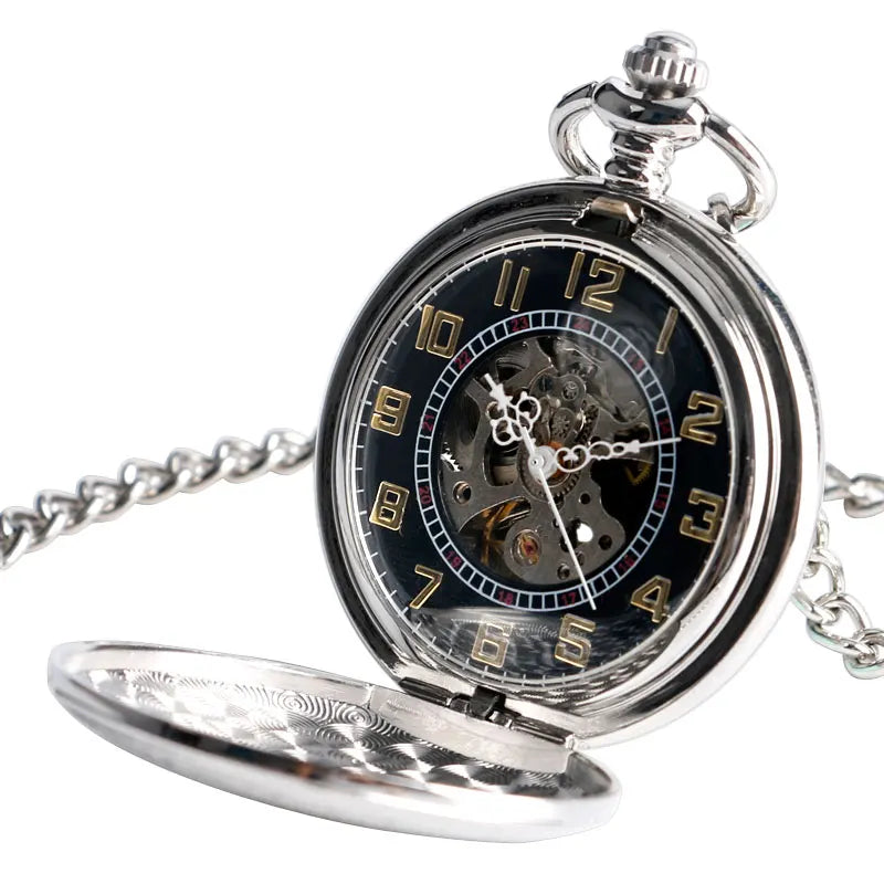 Vendas superiores prata steampunk esqueleto relógio de bolso mecânico automático com corrente erkek kol saati relógios masculino unisex presentes relógio