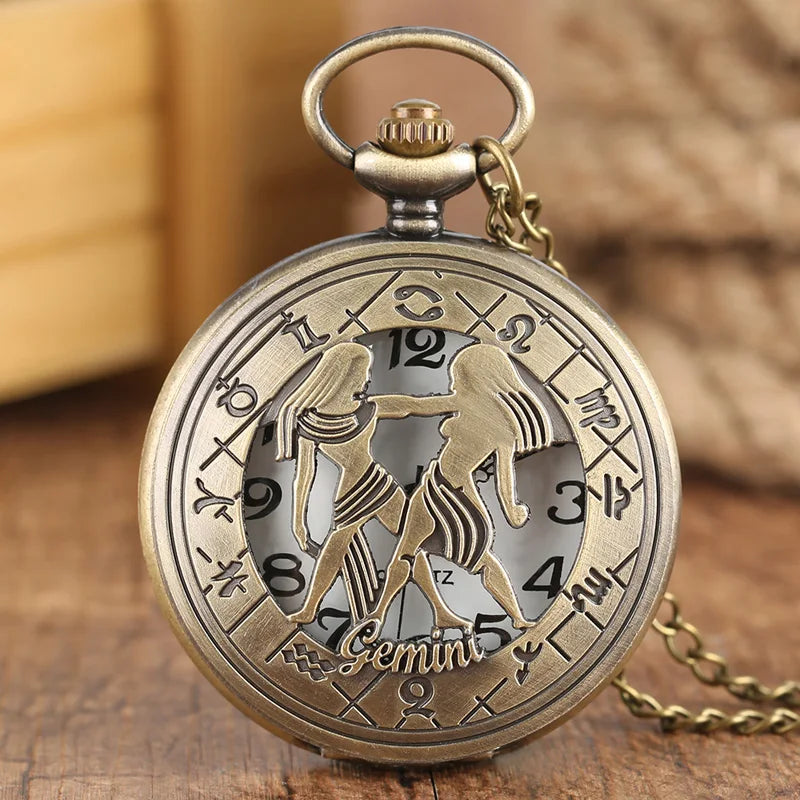 12 constellation astrologia zodíaco retro bolso relógio bronze colar pingente das mulheres dos homens oco flip cover quartzo presentes de natal