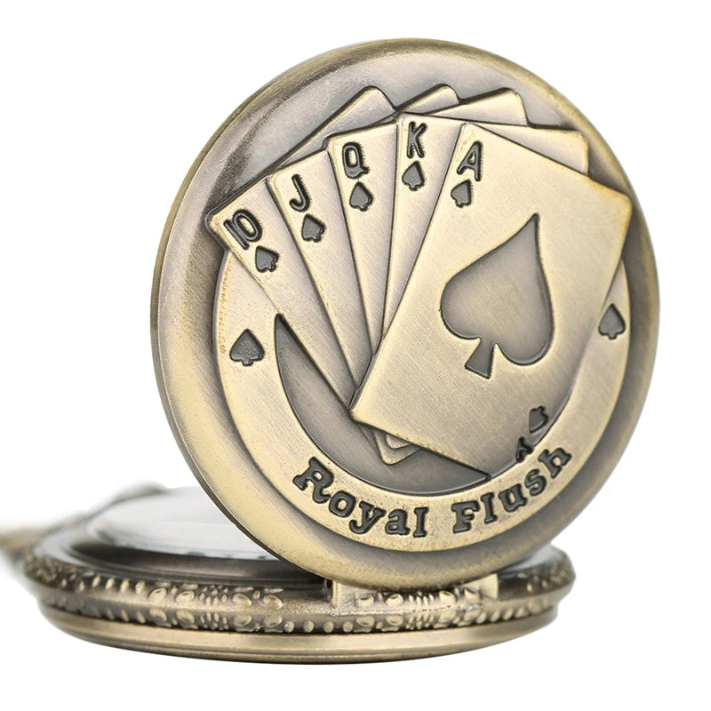 Estilo vintage Bronze Pingente Flush Poker Cartões Padrão Colar Relógio Cadeia Elegante 3D Poker Face Clock Quartz FOB Pocket Watch